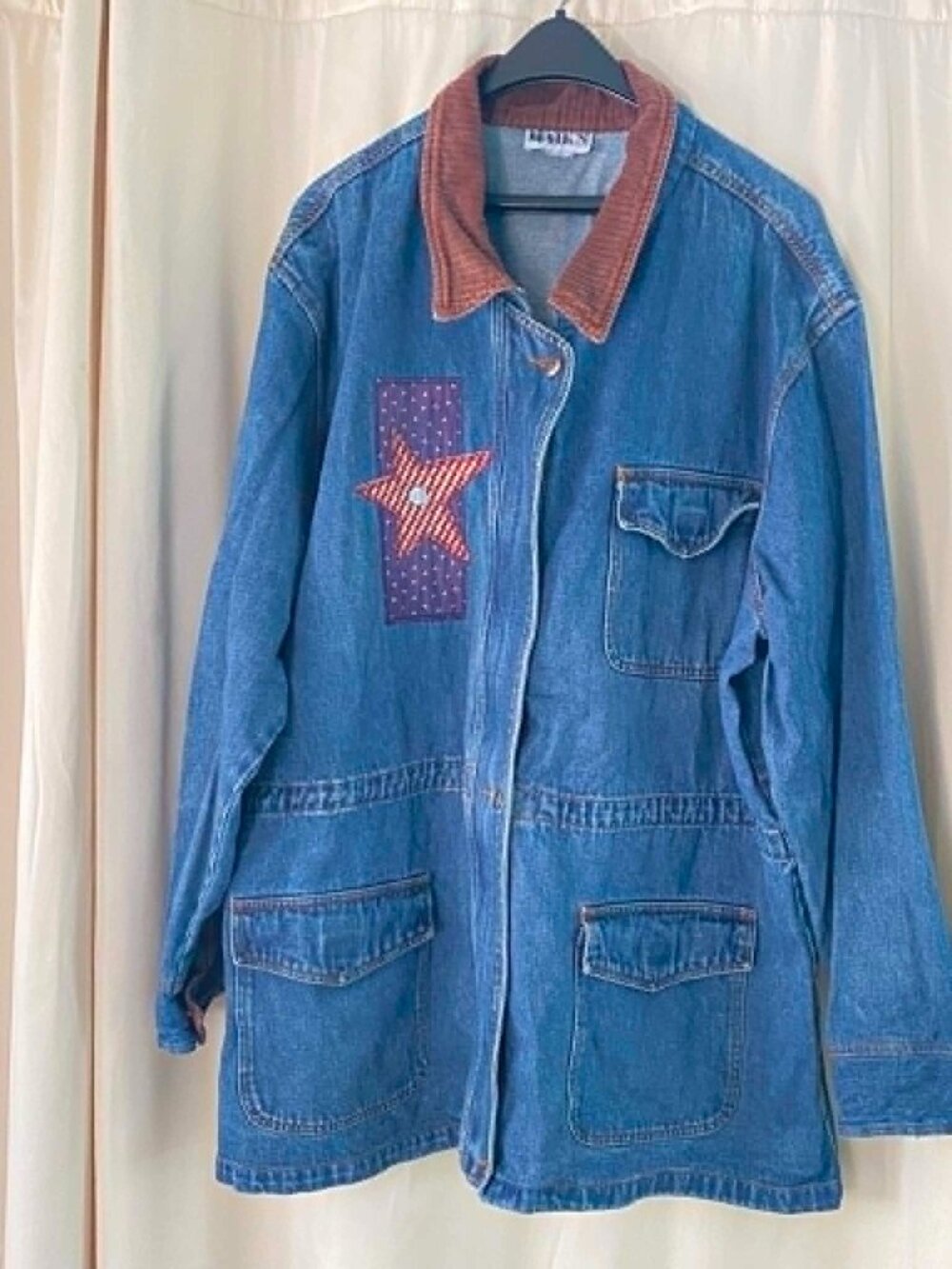 Haik's Vtg 90s Denim Barn Chore Jacket Patchwork Stars Corduroy Collar Oversized